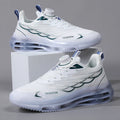 Men's white low-top casual running shoes with a rotating button lace system and mesh upper.