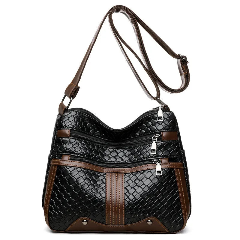 Multi-compartment woven PU leather single shoulder messenger bag in horizontal square shape, brown colour, with zipper change bag interior