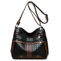 Multi-compartment woven PU leather single shoulder messenger bag in horizontal square shape, brown colour, with zipper change bag interior