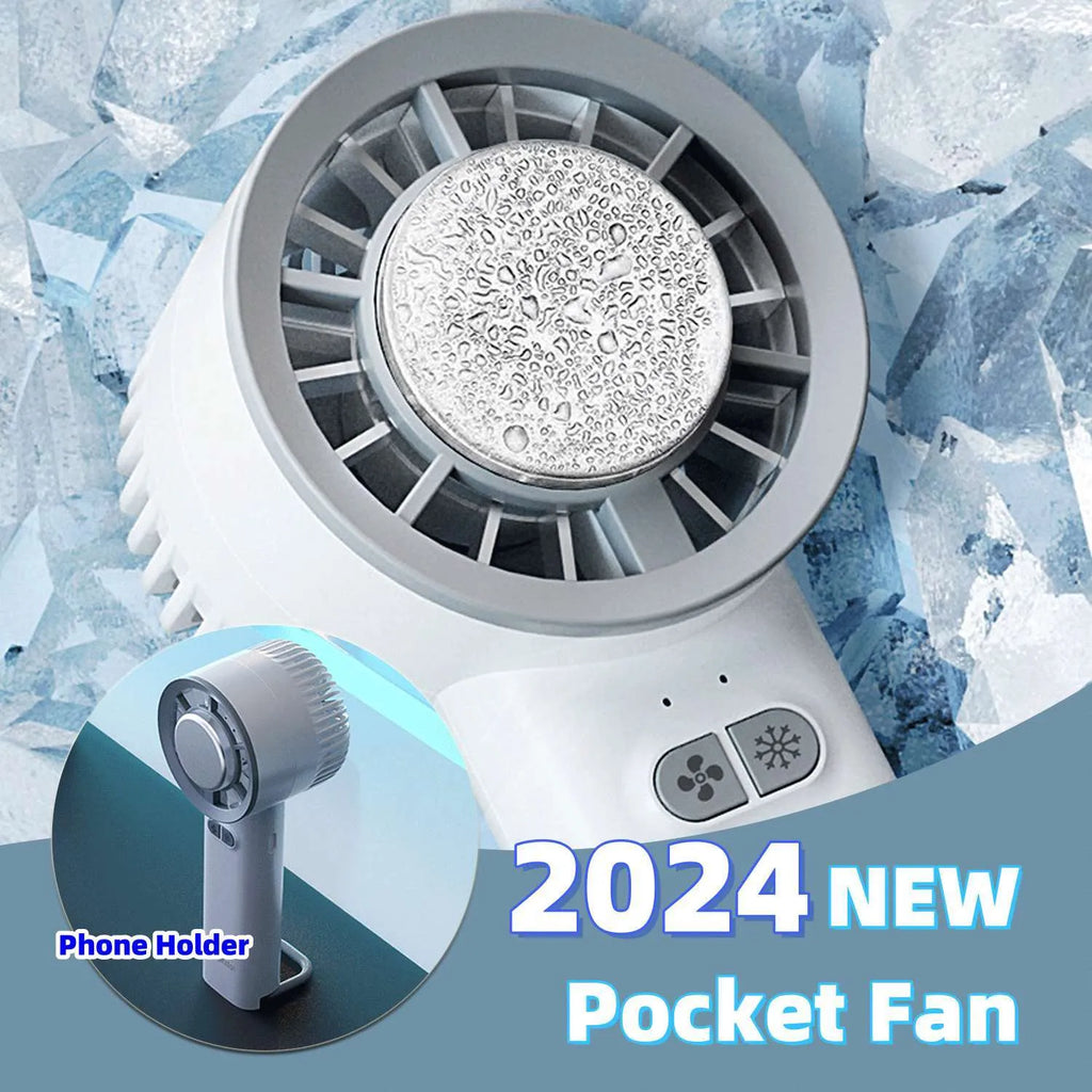 Mini handheld turbo jet fan in white with brushless motor, 3600mAh battery, and ice-cool function