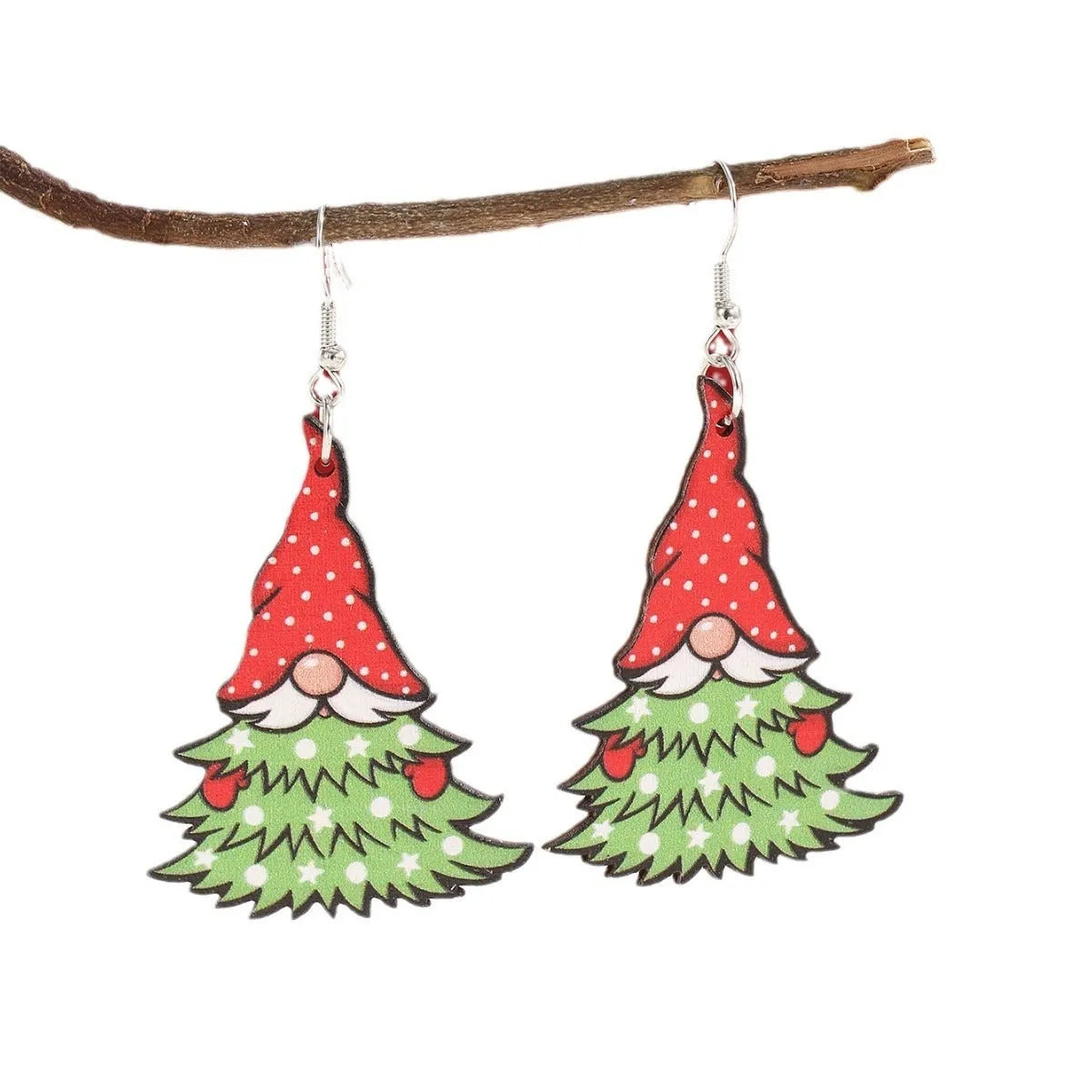 Women's wooden Christmas earrings with printed tree and snowman designs on geometric shapes.