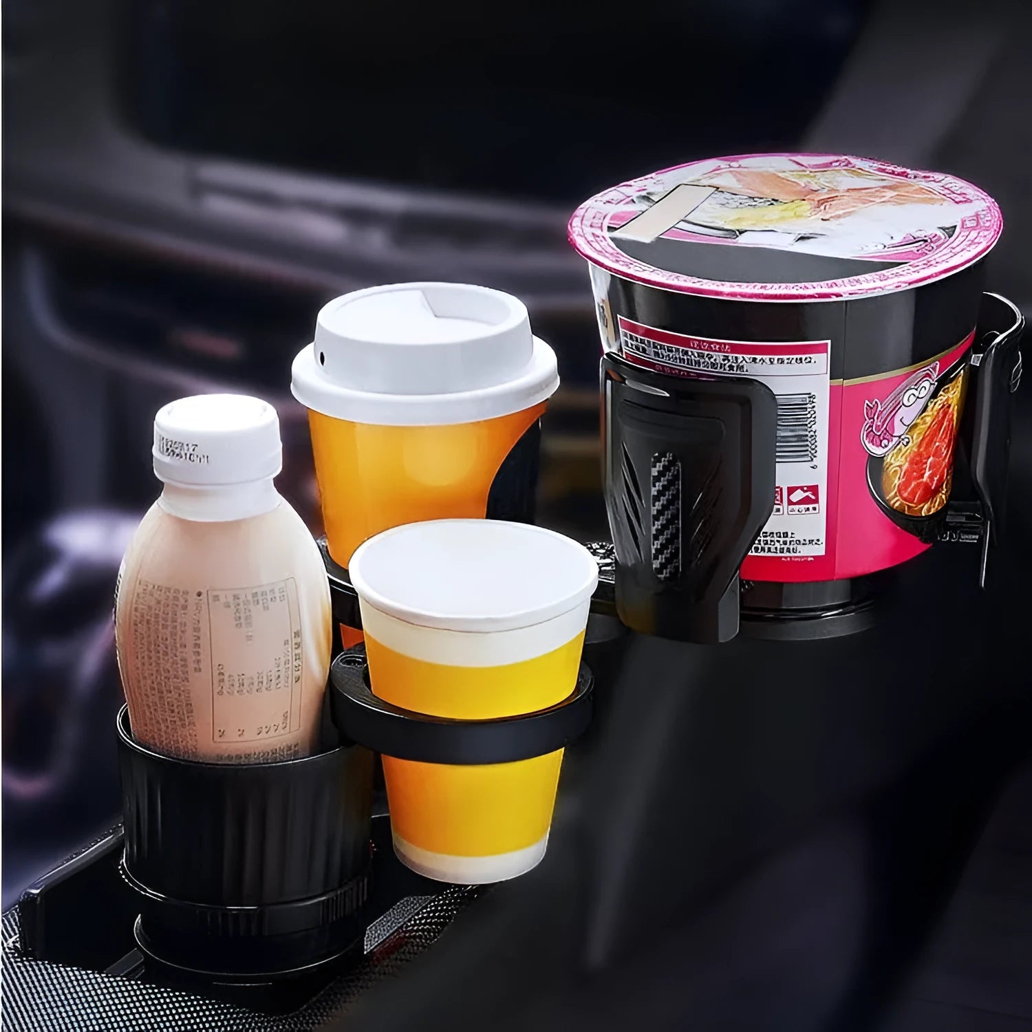 Adjustable car cup holder with retractable base in carbon fibre black finish
