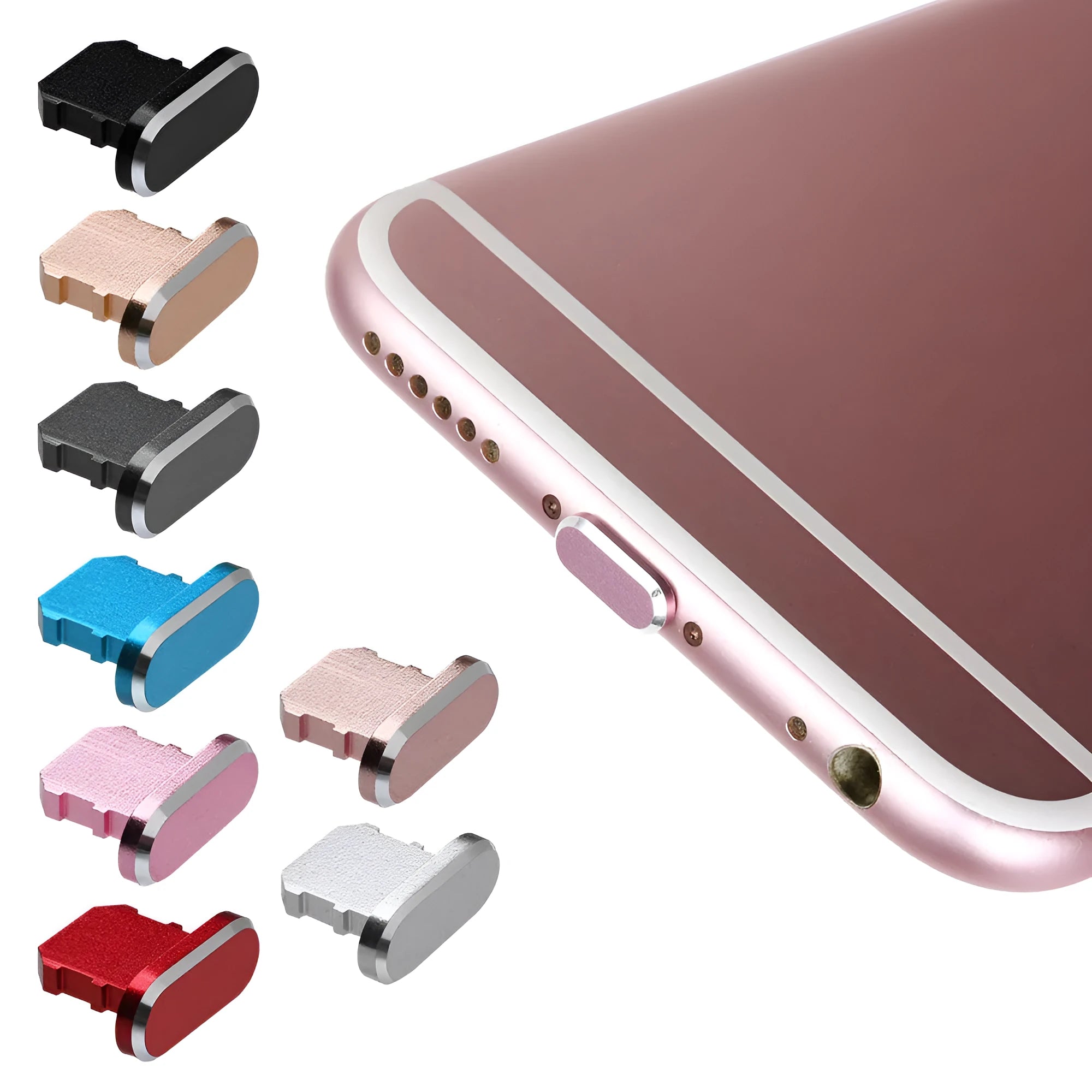 Aluminium alloy iPhone charging port dust plug in various colours on a white background.