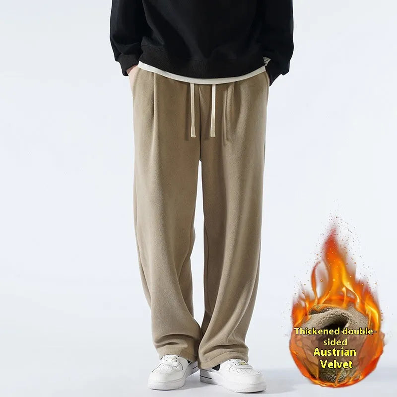 Men's apricot double-sided polar fleece loose-fit winter sports trousers with drawstring waist.