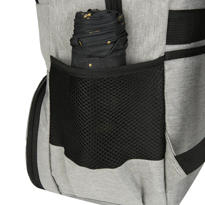 Oxford cloth insulated backpack with curved shoulder straps in light grey, showing dry-wet separation compartments