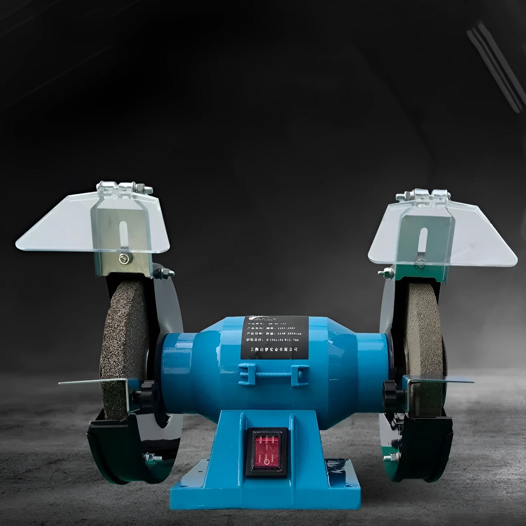 Compact 5-inch metal desktop polishing machine with a grinding wheel for sharpening knives.