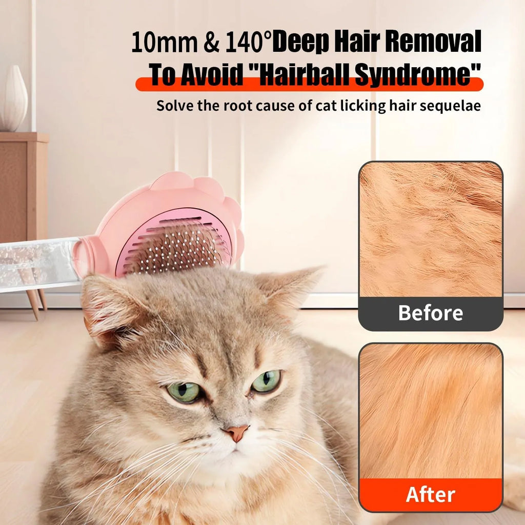 Grey green pink spray function cat grooming brush with release button and curved stainless steel pins