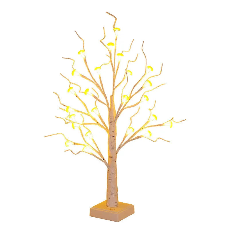 60cm tall white mushroom tree lamp with warm LED lights and small detachable red mushroom flowers on birch branches.