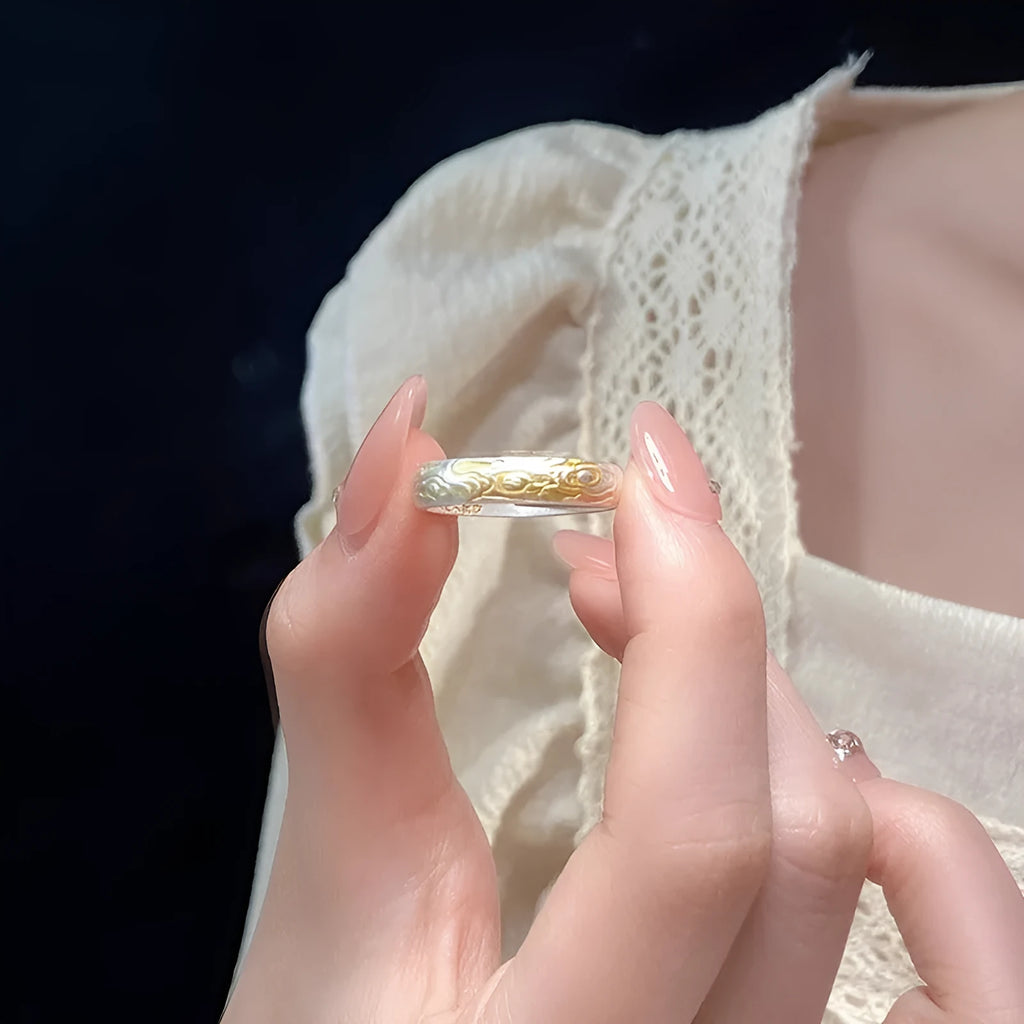 White copper adjustable ring with electroplated silver gold finish and geometric Xiangyun pattern