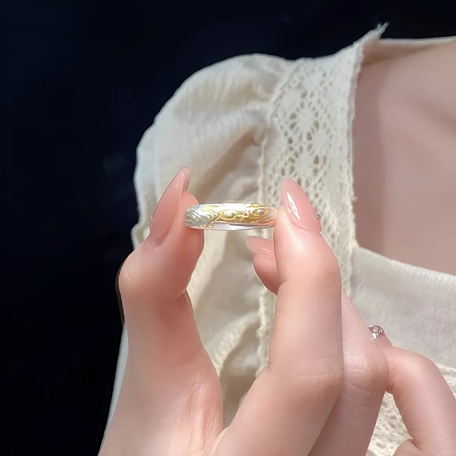 White copper adjustable ring with electroplated silver gold finish and geometric Xiangyun pattern