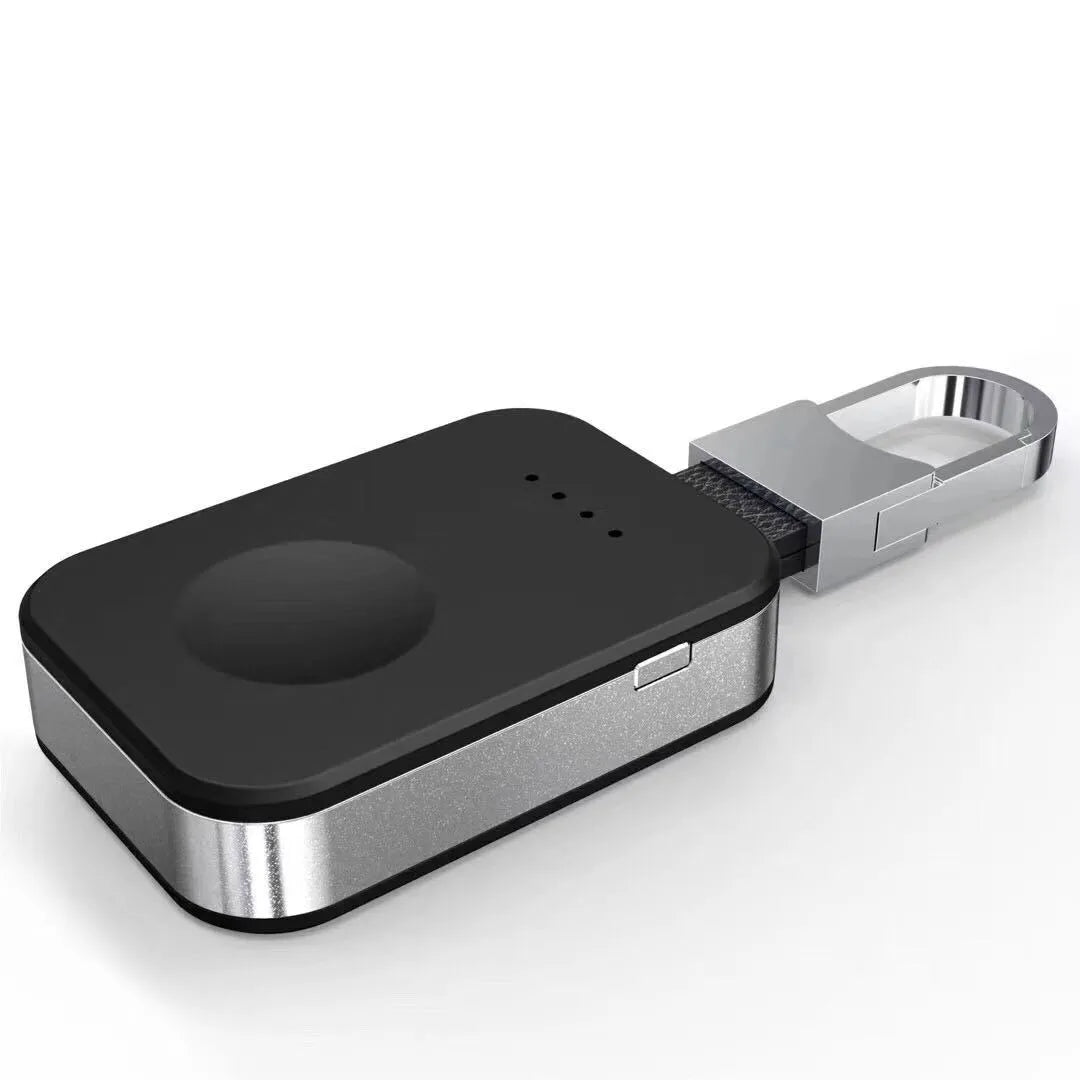 Black Apple Watch portable power bank keychain charger showing compact 127mm design