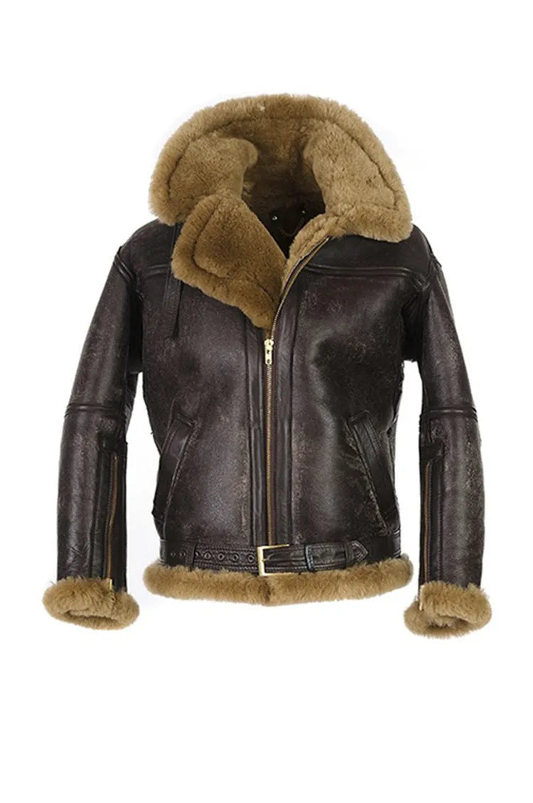 Men's brown retro synthetic leather fur coat with side pockets and straight hem
