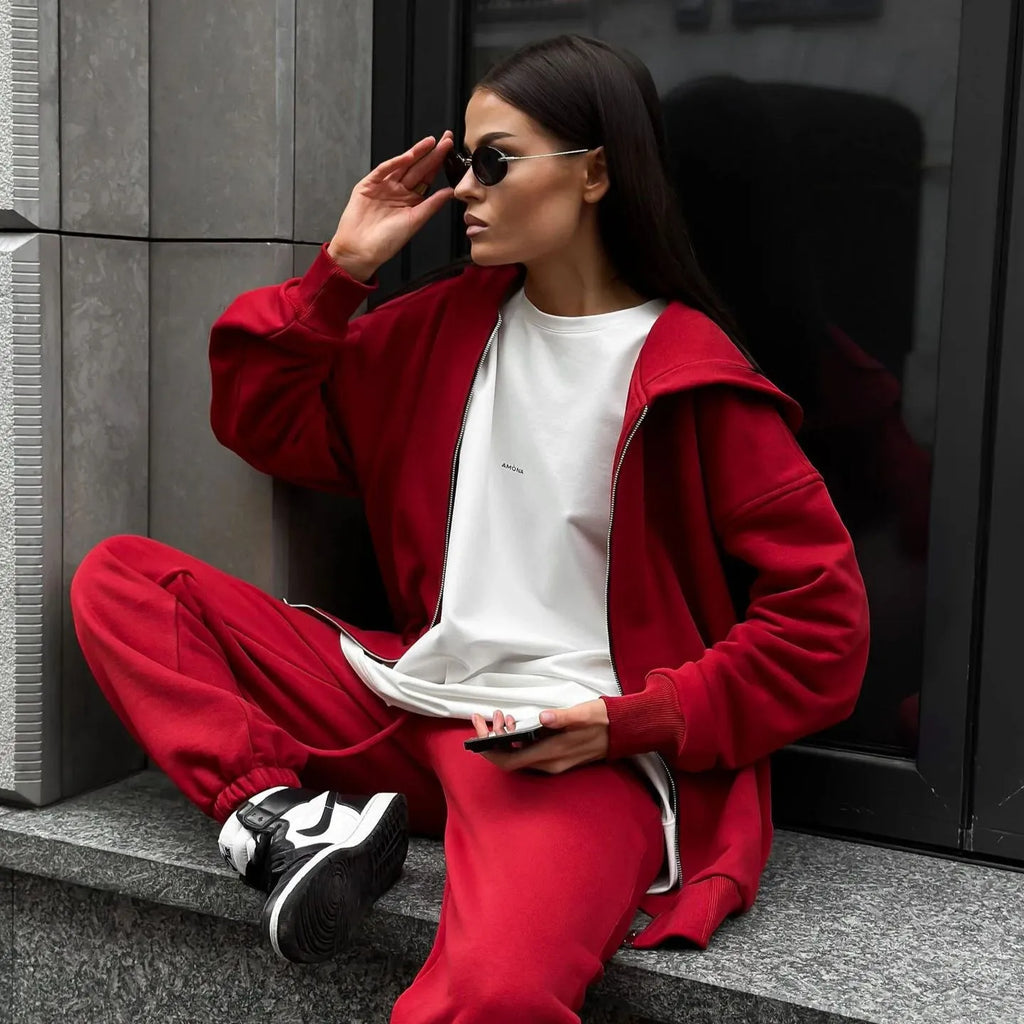 Red loose fit street style coat and trousers two-piece set on a model