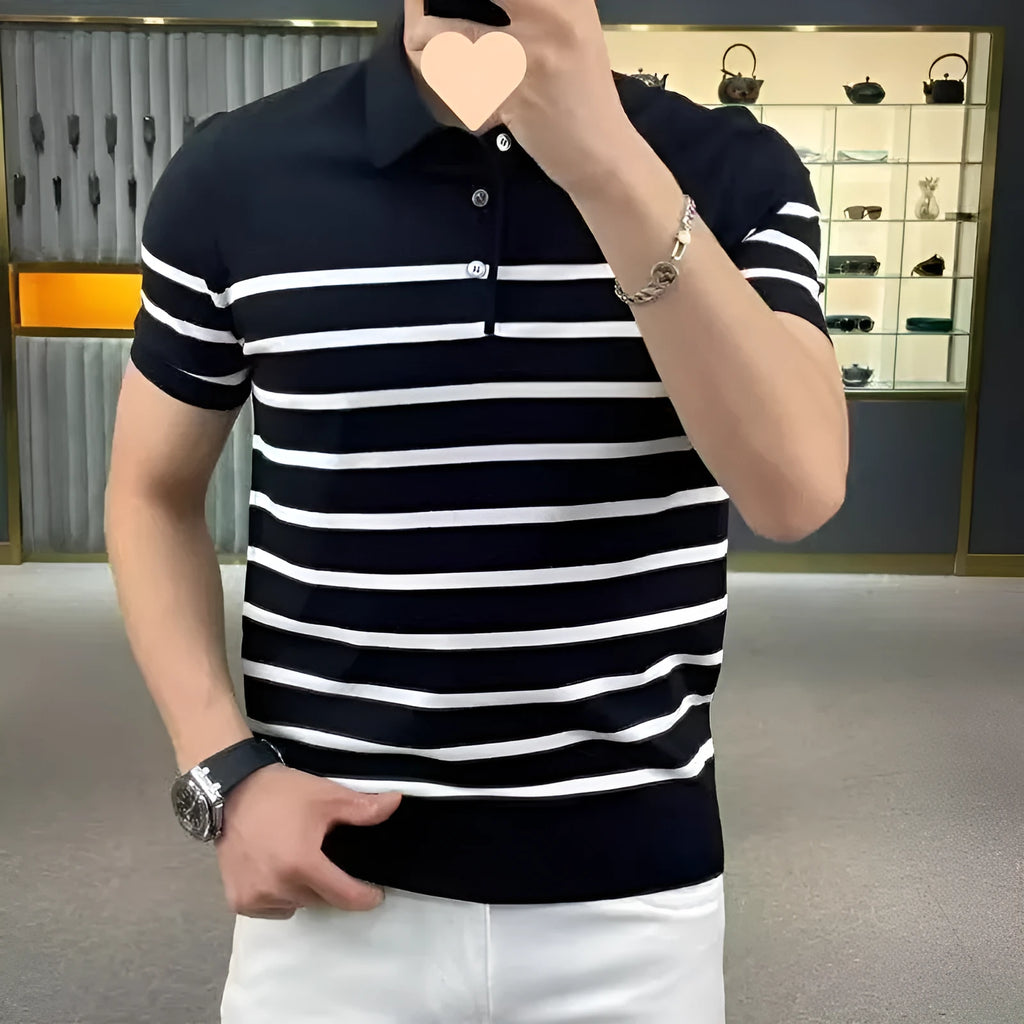 Striped lapel knitted t-shirt in black and white colour options showing pullover design