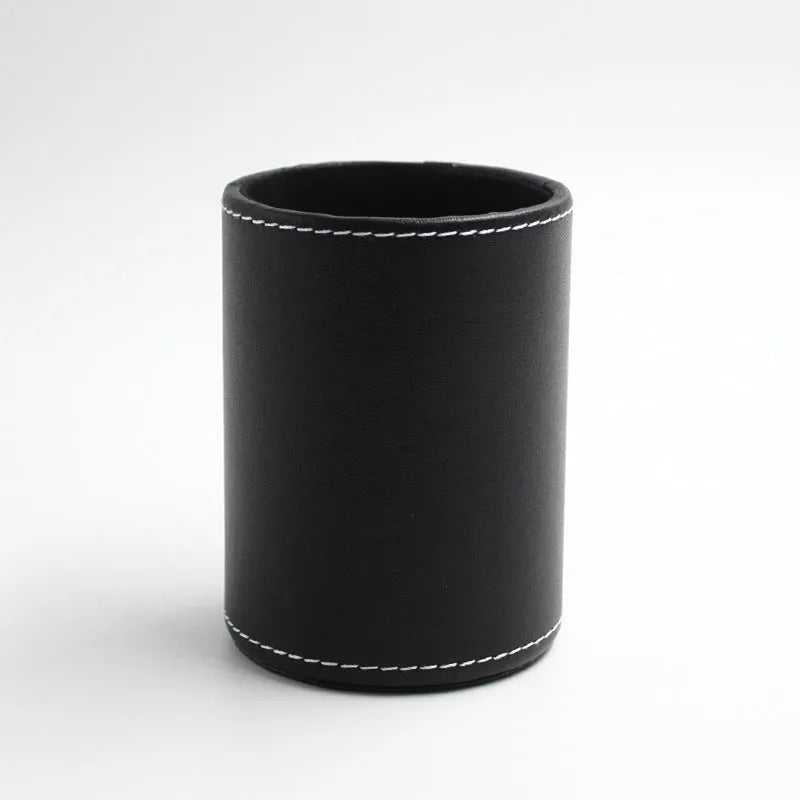 Round black leather pen container showing diameter and height measurements