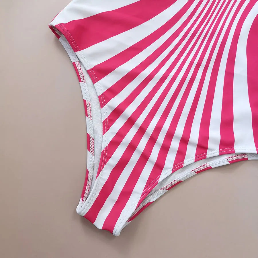 Pink striped women's one-piece swimsuit with digital printing on front and rear