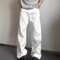 Men's white straight-leg cotton denim jeans with zip fly and mid-waist