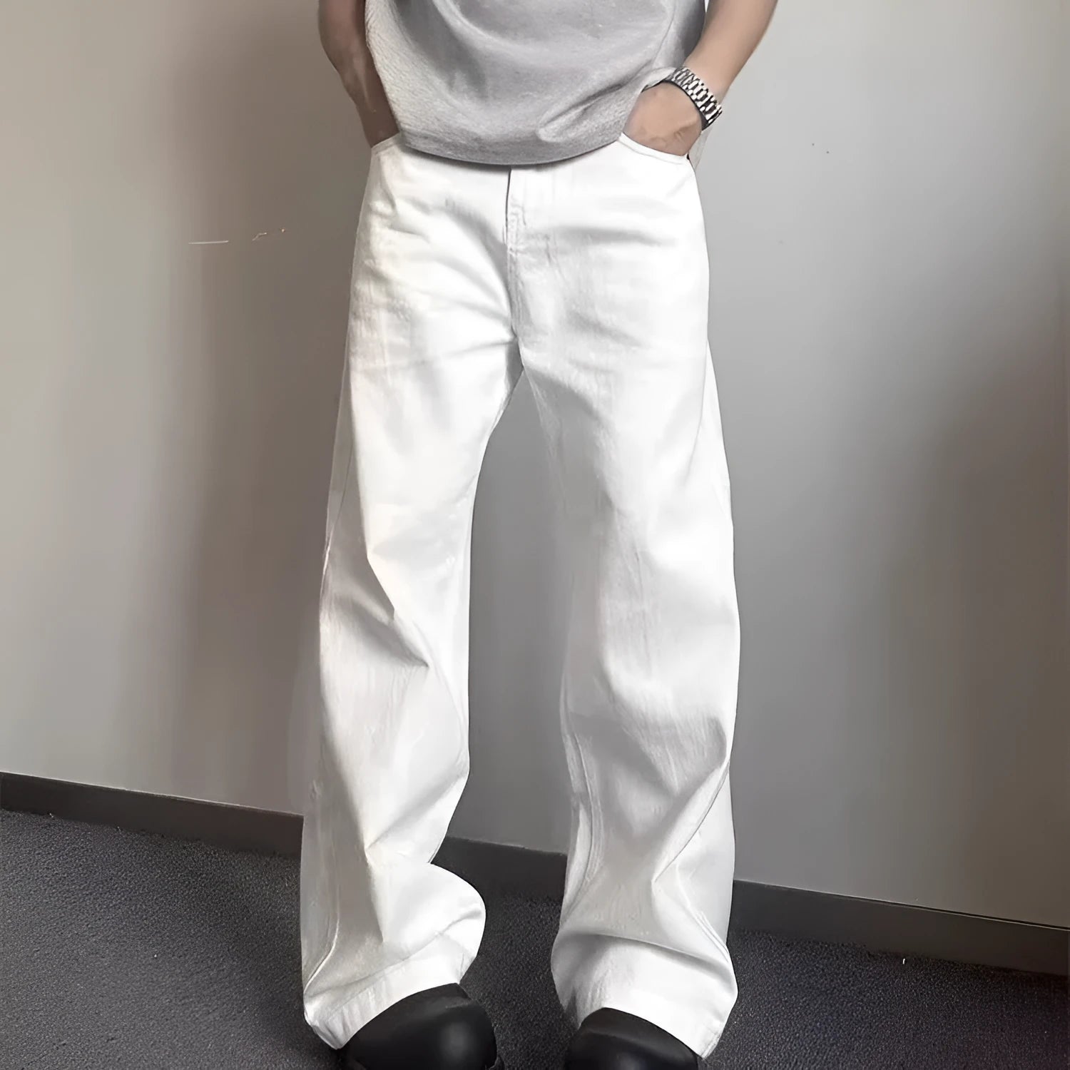 Men's white straight-leg cotton denim jeans with zip fly and mid-waist
