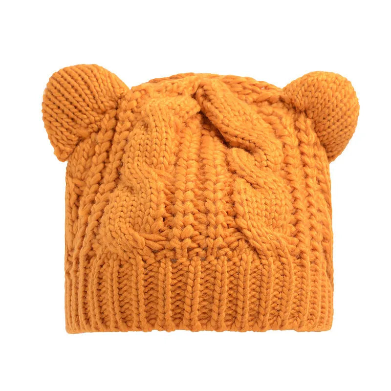 Hand-knitted cat ear beanie in knitting wool with 3D ears in multiple colours for winter