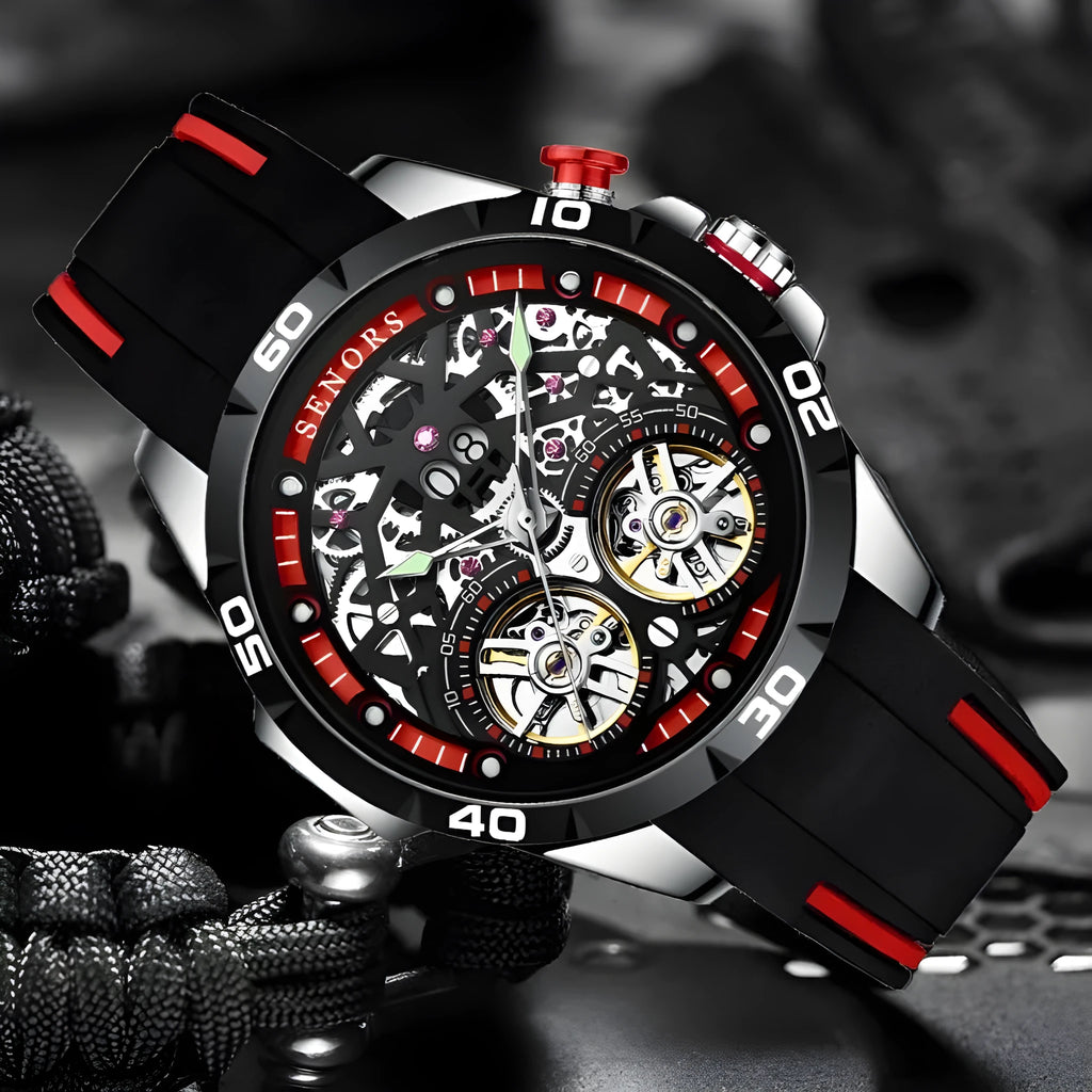 Automatic mechanical men's watch with luminous hollow skeleton dial in red or blue colour options