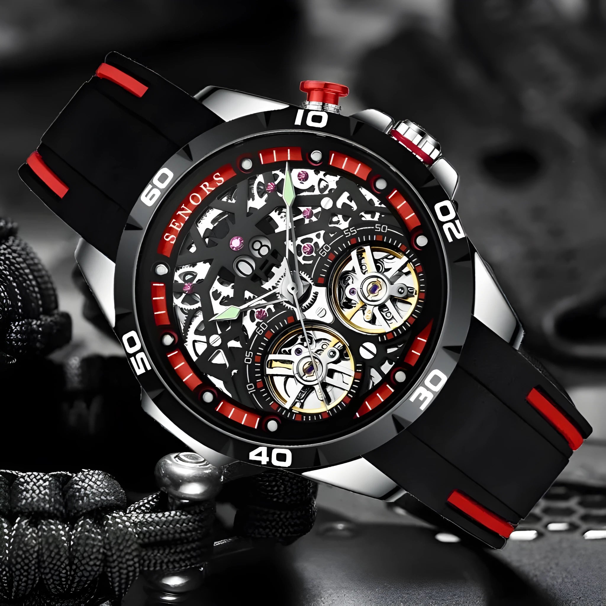 Automatic mechanical men's watch with luminous hollow skeleton dial in red or blue colour options