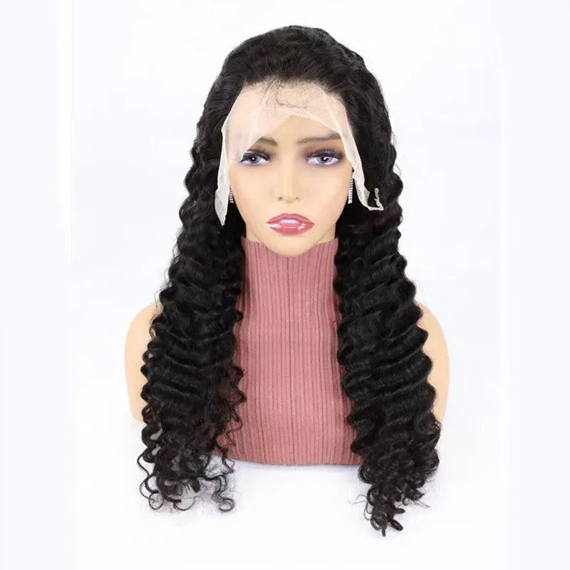 Simple solid colour hand-woven human hair half lace wig for ladies, available in lengths from 18 to 34 inches