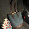 Denim patchwork large capacity retro one-shoulder bucket bag in denim commuter colour, 23x27x16cm