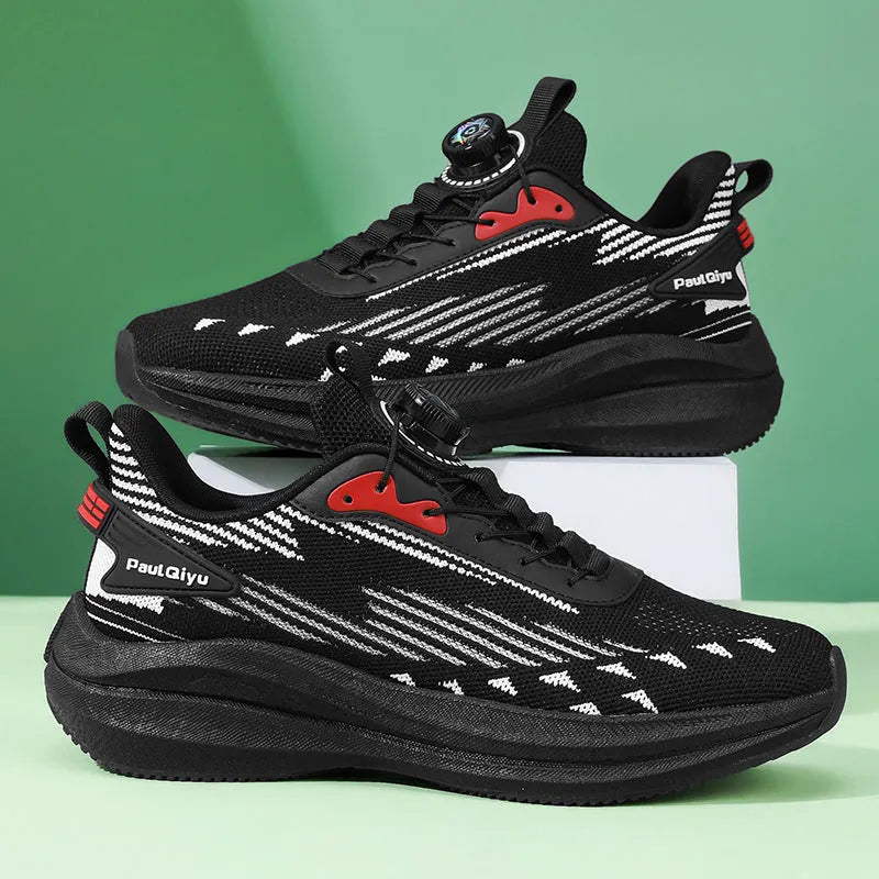 Men's white green and black rotating buckle Fly-kit mesh casual sports running shoes on a flat sole.