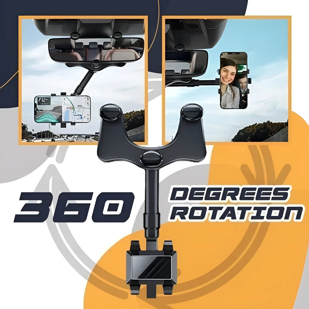 Black rearview mirror car phone holder with 360-degree rotation and telescopic arm extended