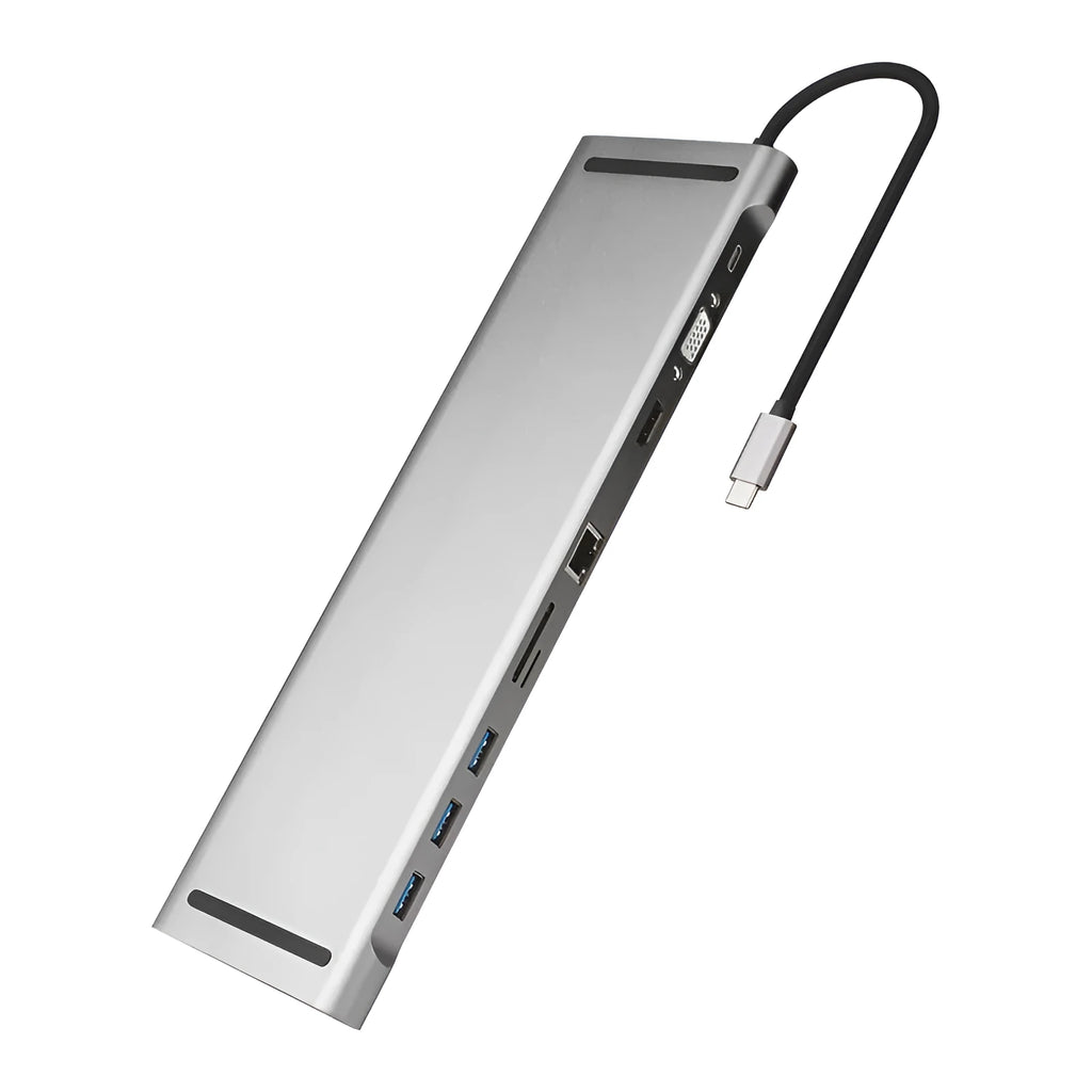Grey aluminium 10-port docking station with cooling bracket showing HDMI VGA and USB ports