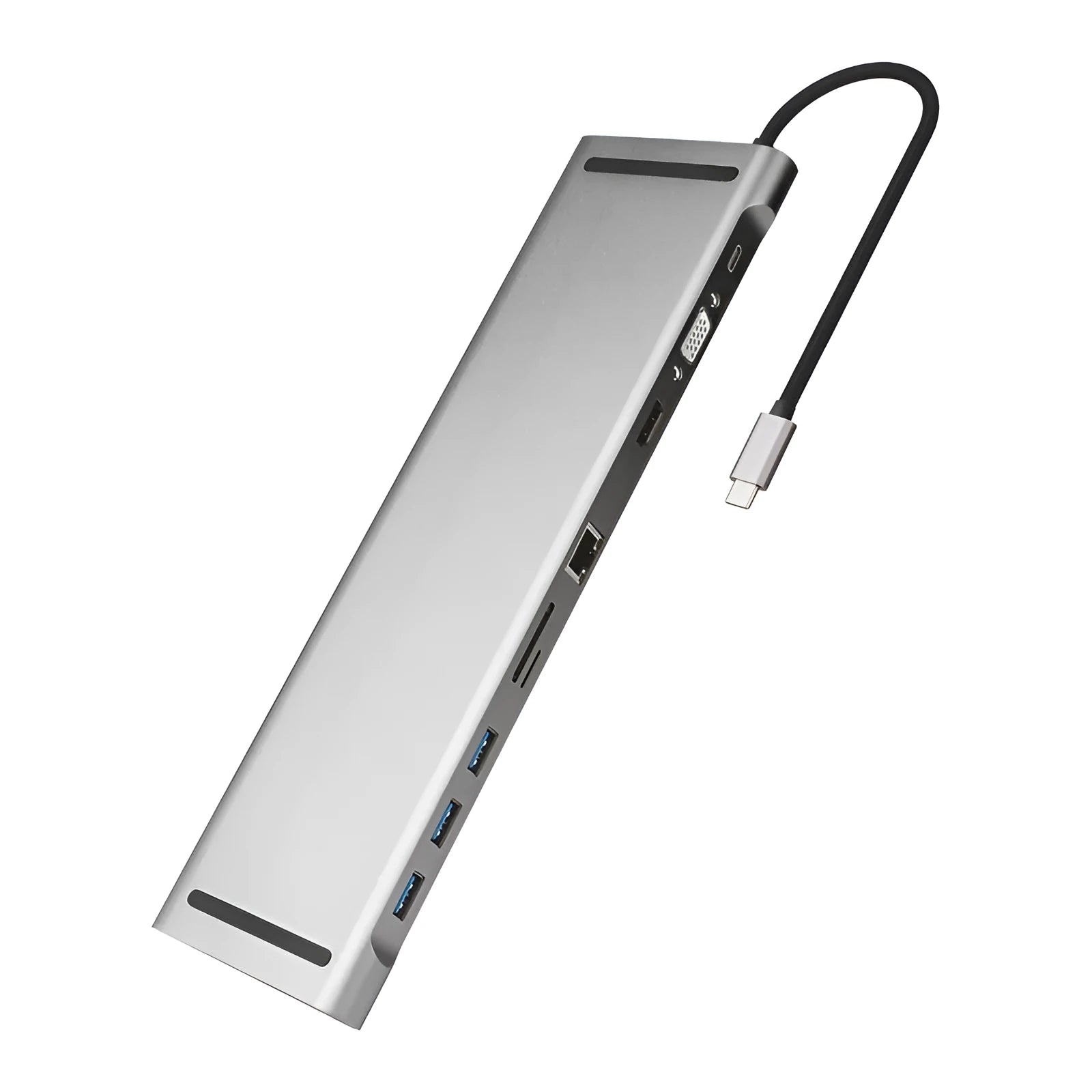 Grey aluminium 10-port docking station with cooling bracket showing HDMI VGA and USB ports