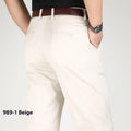 Men's elastic cotton high waisted loose trousers in creamy white, front view, sizes 29 to 44