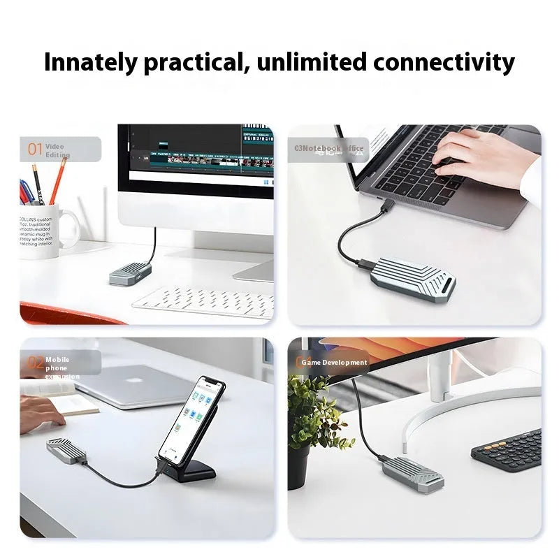 USB 4.0 aluminium M.2 NVMe SSD external hard drive enclosure case in silver and grey colours