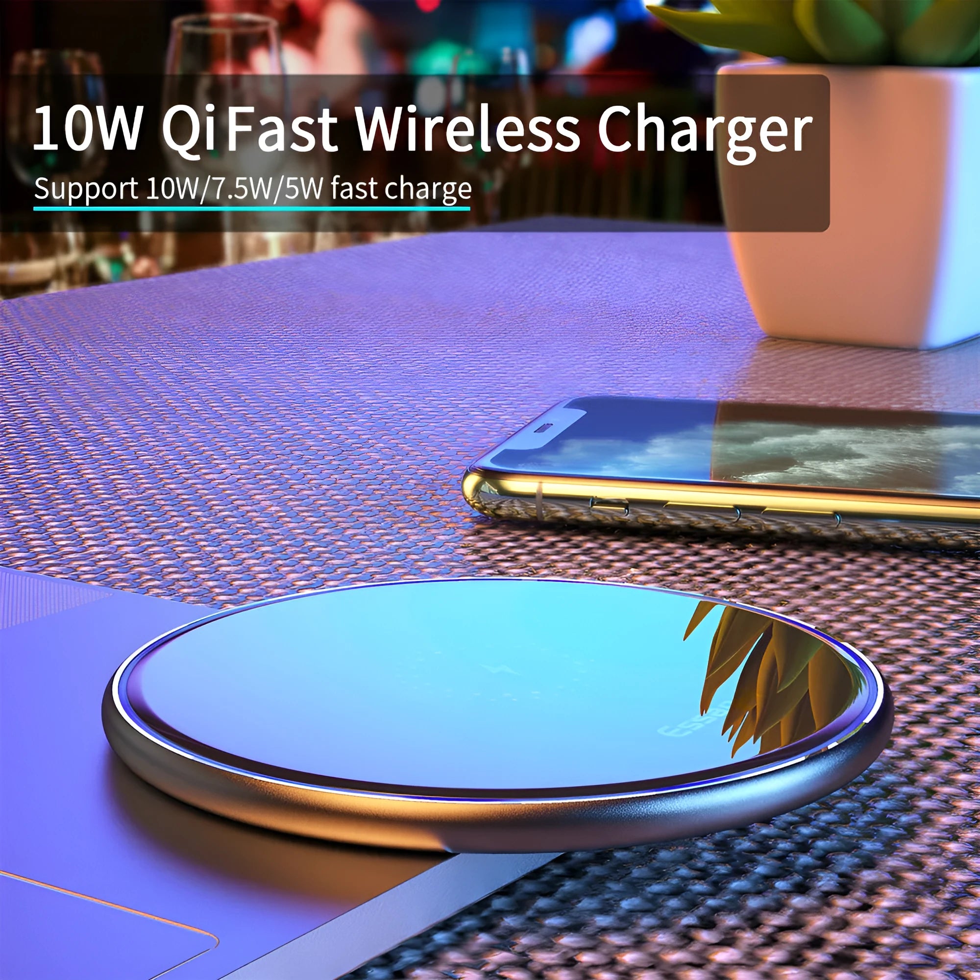 Black 15W Qi wireless charging pad on a wooden surface showing blue LED charging light