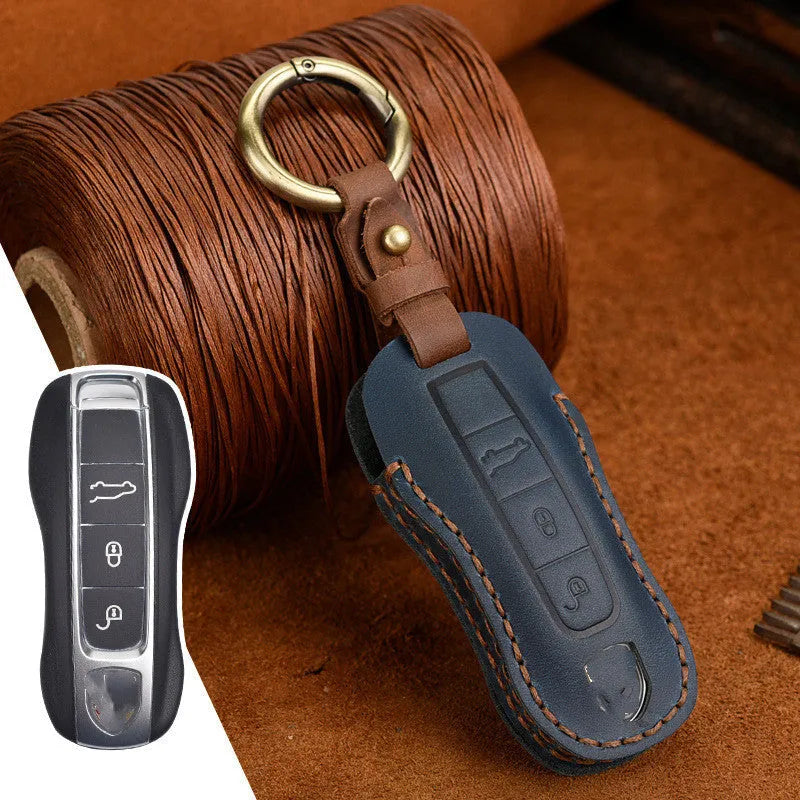 Genuine cowhide leather Porsche key cover with retro bag buckle in blue or brown colour