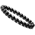 Black agate stretch bracelet with 8mm geometric beads on a black elastic cord.