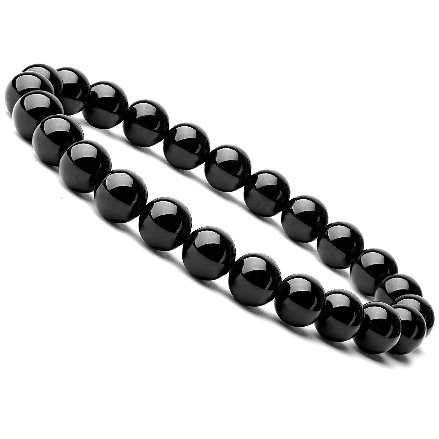 Black agate stretch bracelet with 8mm geometric beads on a black elastic cord.