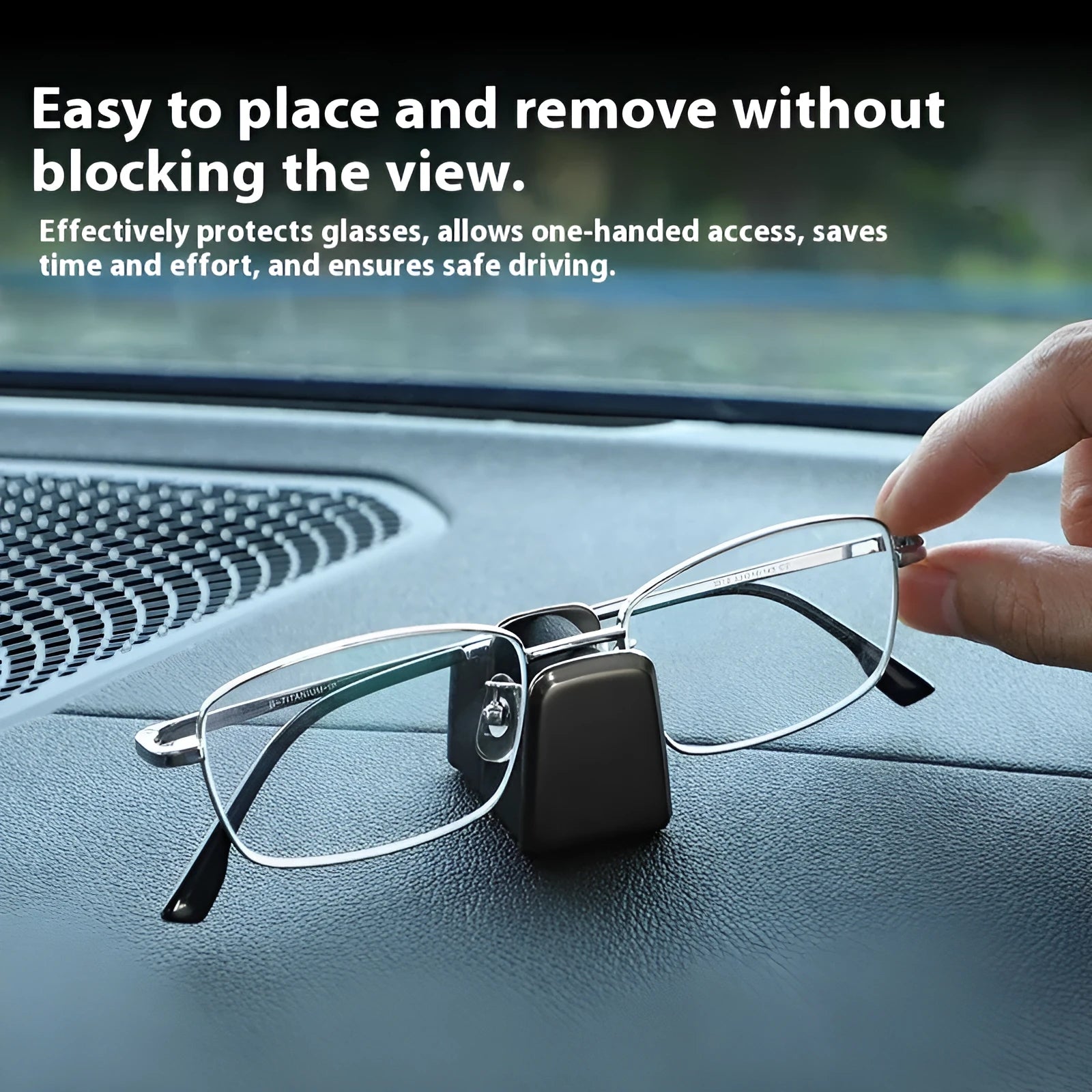 Zinc alloy car dashboard glasses holder in four colours measuring 3.7x3.2x2.5 cm