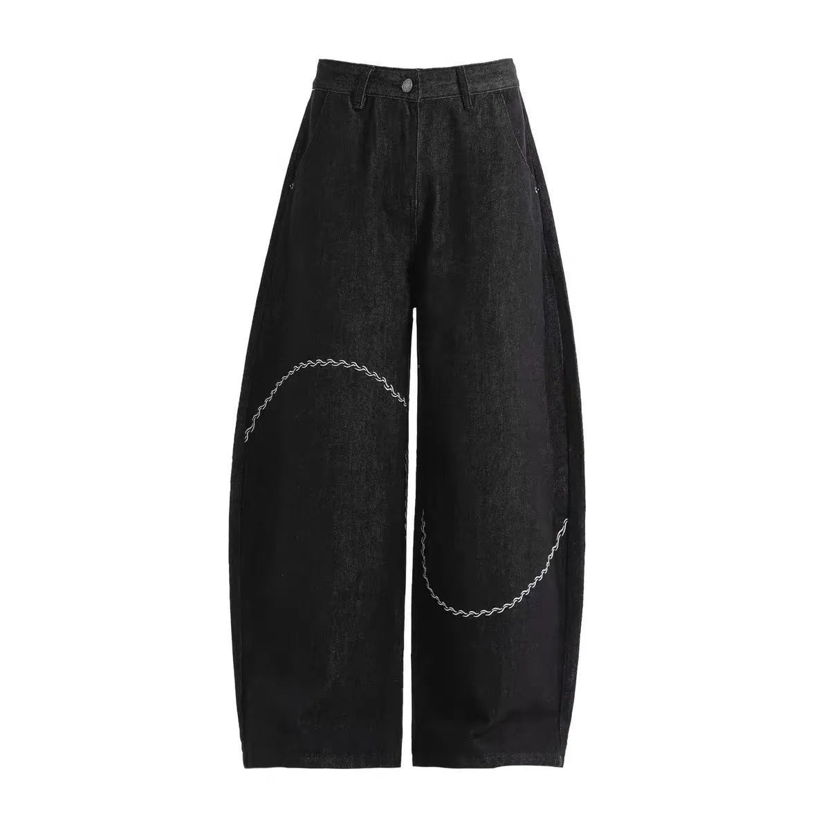 Black Pu Shuai straight-leg denim trousers with a mid waist and zip fly, laid flat.
