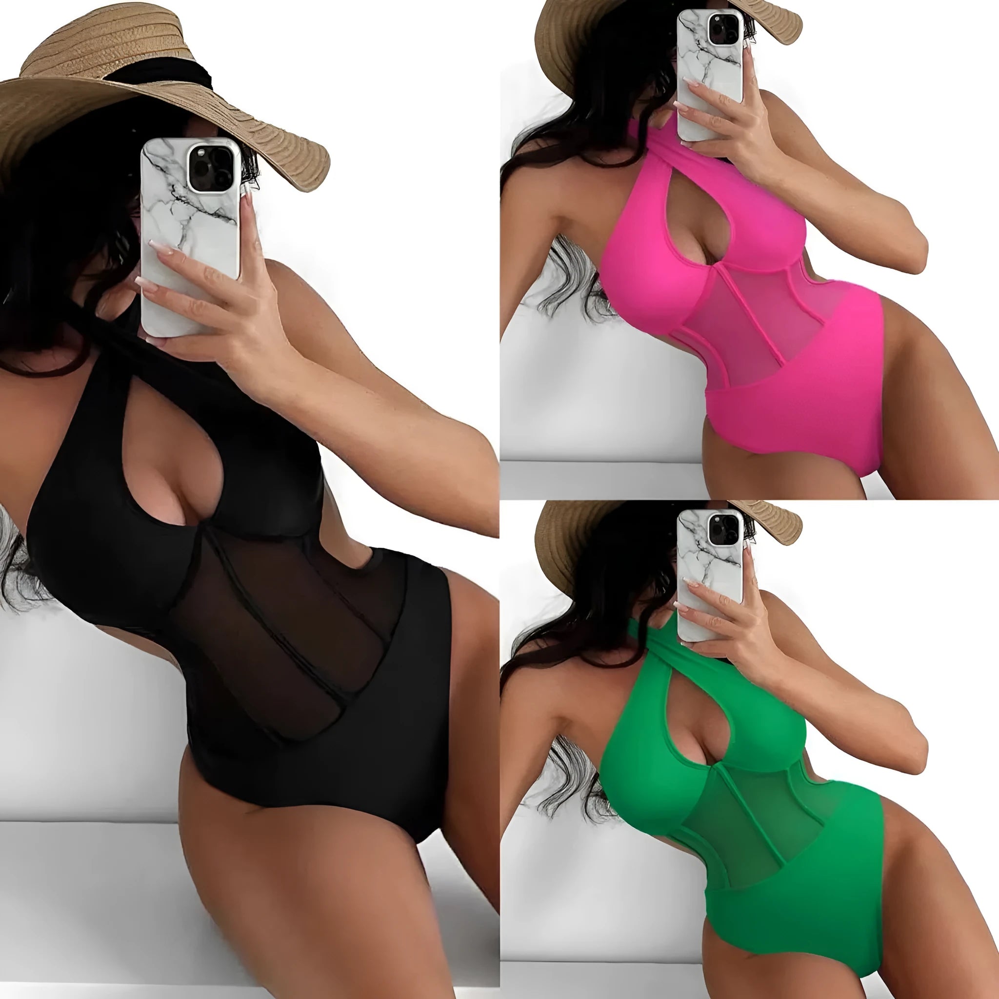 Women's black one-piece spun yarn swimsuit bikini on a mannequin, showing front design.