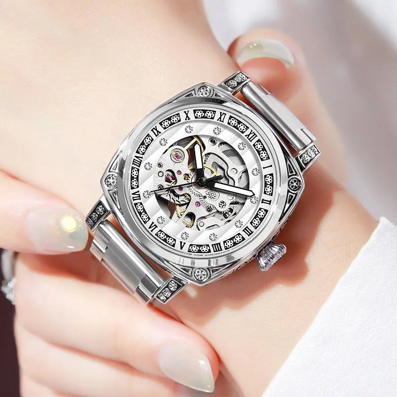 Men's mechanical leather strap watch with luminous hands showing black, red, steel, and white colour options