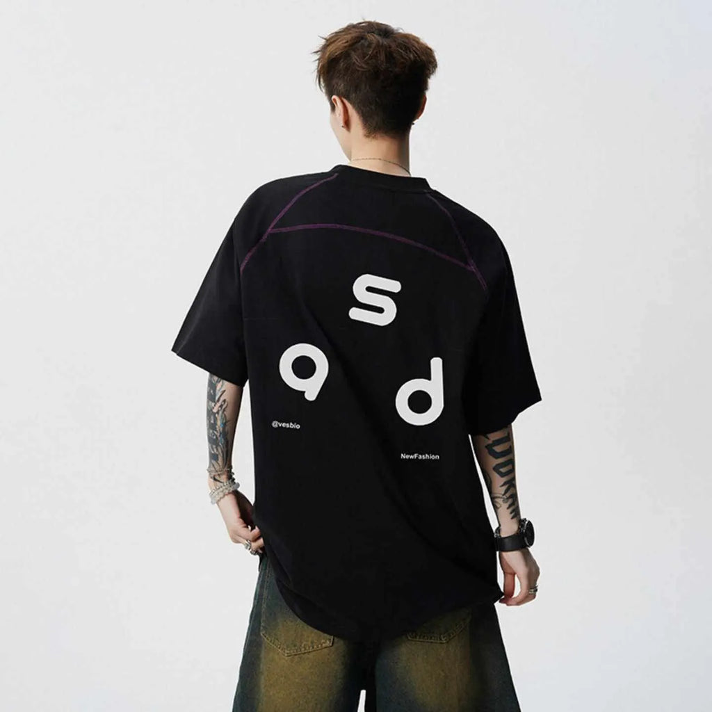 Cotton letter print short-sleeve T-shirt, loose fit round neck, available in black, white, sizes M to 2XL
