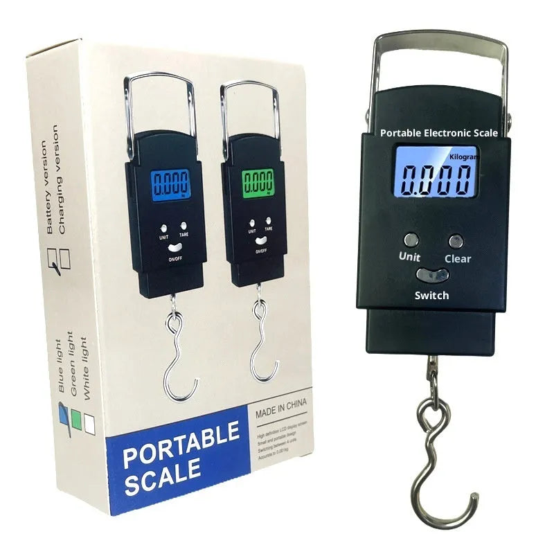 Mini handheld plastic electronic scale with 50kg capacity and blue backlight LCD display