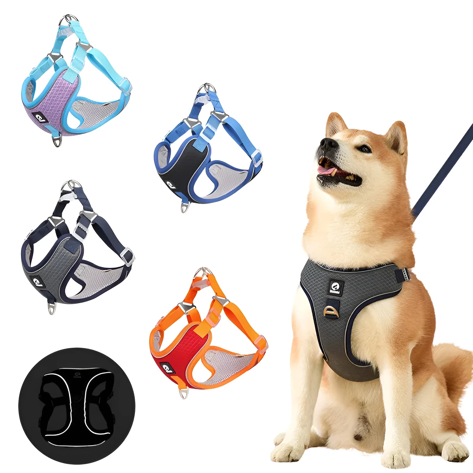 Adjustable mesh dog harness with reflective piping on a small dog, shown in light purple colour