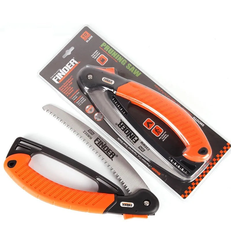 Folding garden saw with 230mm steel blade and textured TPR handle, shown open and closed
