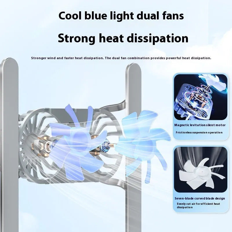 Aluminium alloy notebook stand with twin fans, silver finish, on a desk with a laptop placed on top
