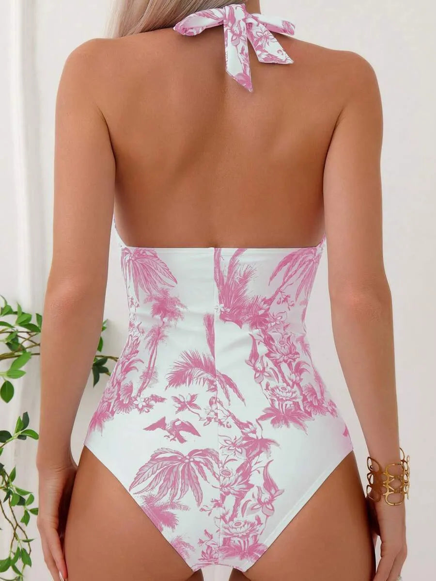 Women's printed V-neck one-piece swimsuit in polyester fabric available in multiple colours