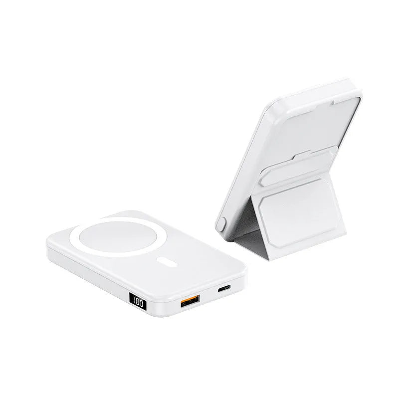 Magnetic suction wireless charging power bank with folding bracket, 10000mAh capacity, plastic case