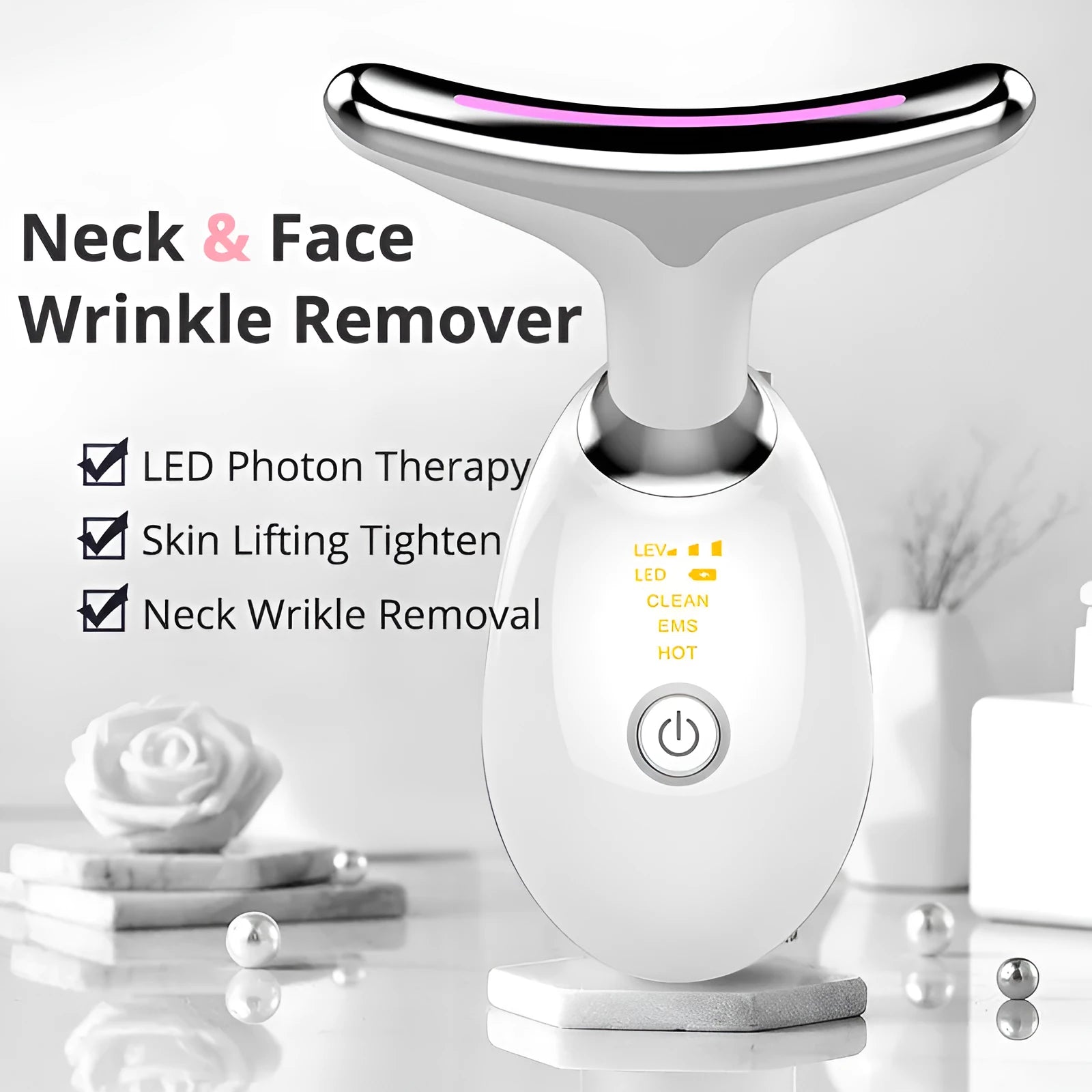 EMS thermal neck massager device with LED lights for skin tightening and wrinkle reduction.
