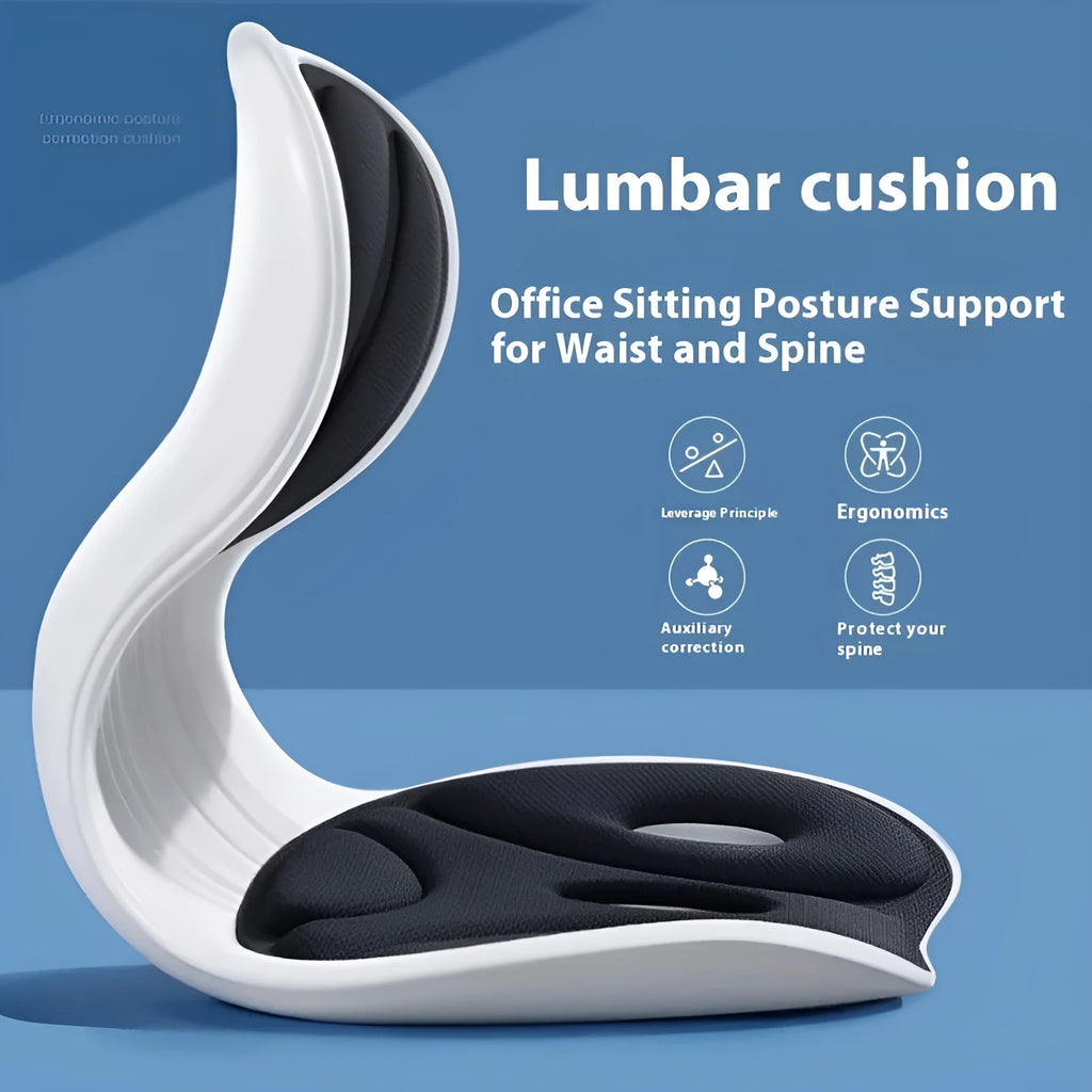 Memory foam lumbar cushion in grey with elastic fixing band on a chair